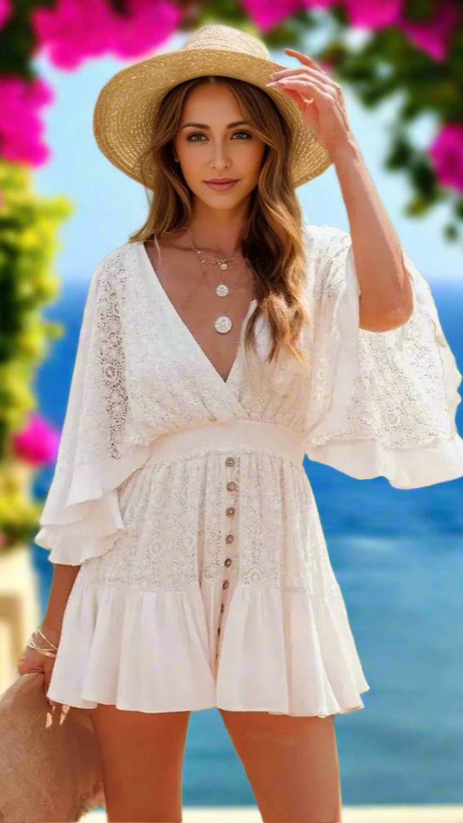 Lace Cutout Surplice Half Sleeve Dress La Dolce Fiona Lace Cutout Surplice Half Sleeve Dress La Dolce Fiona